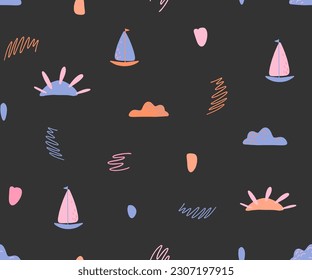 Nautical seamless pattern with cute boats, clouds and sun, doodle style, decorative summer wallpapers.