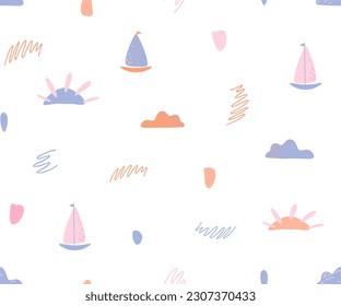 Nautical seamless pattern with cute boats, clouds and sun, doodle style, decorative summer wallpapers.