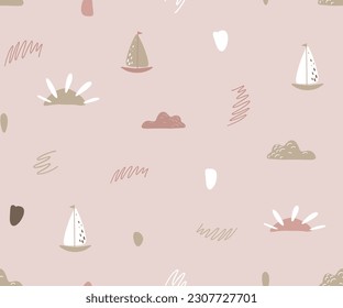 Patrón náutico sin fisuras con botes, nubes y sol lindos, estilo doodle, tapices decorativos de verano.