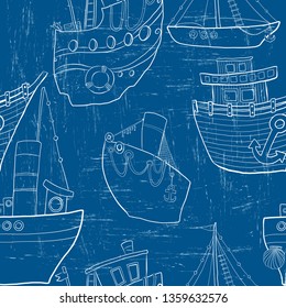 Nautical seamless pattern. Cute fishing boats collection on blue background. fabric design, wallpaper, crafting, fishing.