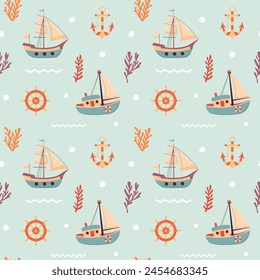 Nautical seamless pattern with cute sailing ships, anchor, ship's rudder and seaweed. Marine print for fabric and nursery.