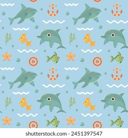 Nautical seamless pattern with cute sea animals. Marine print for fabric and nursery.