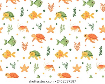 Nautical seamless pattern with cute sea animals. Marine print for fabric and nursery.