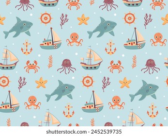 Nautical seamless pattern with cute sea animals and sailing ships. Marine print for fabric and nursery.