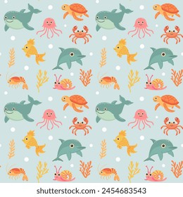 Nautical seamless pattern with cute sea animals. Marine print for fabric and nursery.