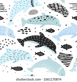 Nautical Seamless Pattern with Dolphins in Childish Style. Sea Underwater Creatures Background with Abstract Elements for Decoration. Vector illustration