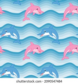 Patrón náutico sin foco con delfines al estilo infantil. El fondo de las criaturas submarinas con elementos abstractos para la decoración. Ilustración del vector