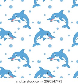 Nautical Seamless Pattern with Dolphins in Childish Style. Sea Underwater Creatures Background with Abstract Elements for Decoration. Vector illustration