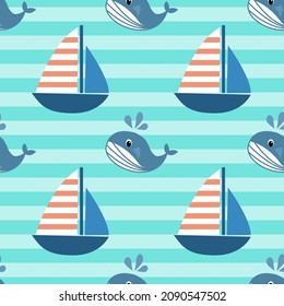 Nautical Seamless Pattern with Dolphins in Childish Style. Sea Underwater Creatures Background with Abstract Elements for Decoration. Vector illustration