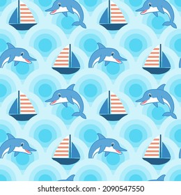 Nautical Seamless Pattern with Dolphins in Childish Style. Sea Underwater Creatures Background with Abstract Elements for Decoration. Vector illustration