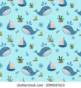 Nautical Seamless Pattern with Dolphins in Childish Style. Sea Underwater Creatures Background with Abstract Elements for Decoration. Vector illustration