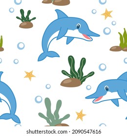 Nautical Seamless Pattern with Dolphins in Childish Style. Sea Underwater Creatures Background with Abstract Elements for Decoration. Vector illustration