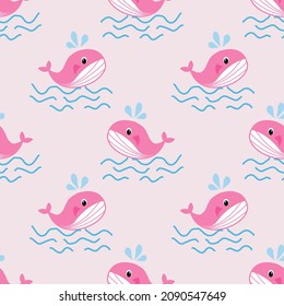 Nautical Seamless Pattern with Dolphins in Childish Style. Sea Underwater Creatures Background with Abstract Elements for Decoration. Vector illustration