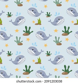 Nautical Seamless Pattern with Dolphins in Childish Style. Sea Underwater Creatures Background with Abstract Elements for Decoration. Vector illustration