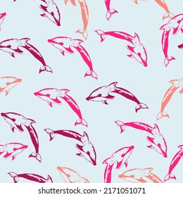 Nautical Seamless Pattern with Dolphins in Childish Style. Marine theme, ocean. Summer graphic design pattern with cute fishes. Vector.