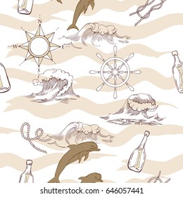 Nautical seamless pattern with  dolphins. Hand drawn elements for summer holidays. Travel, sea and ocean. Vector Illustration