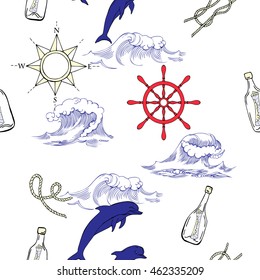 Nautical seamless pattern with  dolphins and sea knots. Hand drawn elements for summer holidays. Travel, sea and ocean. Vector Illustration