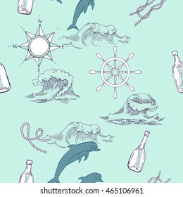 Nautical seamless pattern with  dolphins and sea knots. Hand drawn elements for summer holidays. Travel, sea and ocean. Vector Illustration