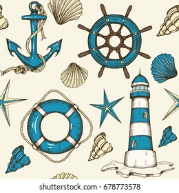 Nautical seamless pattern with and drawn vector anchor, lighthouse, shells, lifebuoy and wheel. Sketch. Summer vintage pattern can be used for wallpaper, web page background, surface textures, textile