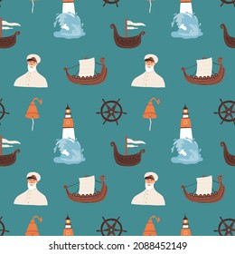 Patrón náutico sin fisuras para tela, textil, papel de envoltura, papel pintado, ropa infantil, etc. Conquistador de mares y océanos, capitán, barcos, faro, campana de barco, volante.