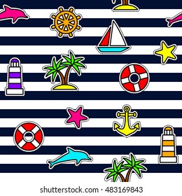 Nautical seamless pattern. Fashion Patches, Appliques, Pins on striped background. Set of Nautical and Marine symbols. Neon colors.