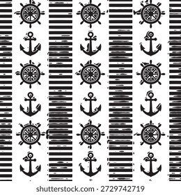 Patrón náutico sin fisuras con anclajes y ruedas de barco. Filas alternas de anclas, ruedas de barco y Elementos rayados. Diseño de tema marino. Ideal para fondos, textiles, scrapbooking.