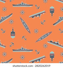 A nautical seamless pattern featuring detailed battleships, anchors, ship wheels, and maritime vessels in a vintage illustrated style. The motifs are arranged at various angles on a bright coral-orange background, with muted teal, navy blue, gray, and white accents creating a bold coastal aesthetic.