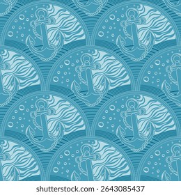 Nautical seamless pattern featuring vintage anchors and waves in a half-circle layout. Ideal for summer, beach themes, and ocean-inspired designs.
