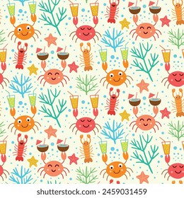 Nautical seamless pattern with funny cute crabs holding coconut cocktails and juice glasses with lobsters and corals. For summer print, kids fabric and party invitations.