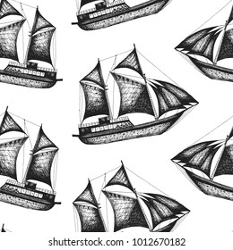 Nautical seamless pattern. Hand drawn sailboats background. Engraved vector illustration.
