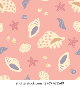 Nautical seamless pattern with hand drawn sea shells and starfish. Coral pink vector background in sun bleached pastel palette. Repeating graphics for baby girls apparel and nursery textile design