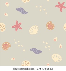 Nautical seamless pattern with hand drawn sea shells and starfish. Sage green vector background in sun bleached coastal palette. Repeating graphics for organic kids apparel and nursery room decor