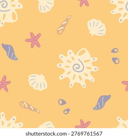 Nautical seamless pattern with hand drawn sea shells and starfish. Sunny vector background in sun bleached yellow palette. Minimalist repeating graphics for kids swimwear and summer nursery decor