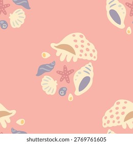 Nautical seamless pattern with hand drawn sea shells and starfish. Coral pink vector background in sun bleached coquette aesthetic. Repeating graphics for girls swimwear and nursery room decor