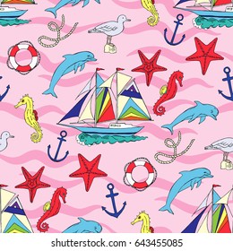 Nautical seamless pattern with hand drawn elements for summer holidays. Travel, marin and ocean. Vector Illustration