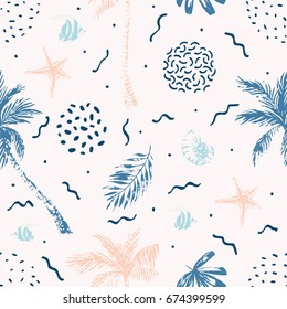 Nautical seamless pattern. Hand drawn summer beach background: palm trees, palm leaves, nautilus seashell, fish, starfish. Vector illustration