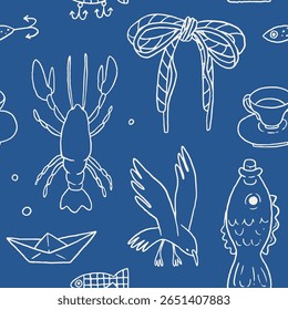 Padrão náutico sem emenda com ilustrações marinhas desenhadas à mão: lagosta, peixe, sardinhas, gaivotas, isca de peixe, arcos de corda. Cor branca e azul. Vetor bonito vintage pescador núcleo projeto de fundo