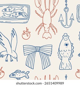 Padrão náutico sem emenda com elementos marinhos desenhados à mão: lagostas, peixes, sardinhas, gaivotas, tomates, âncoras e arcos em vermelho e azul. Vetor bonito vintage frutos do mar ilustração design.