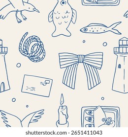 Padrão náutico sem emenda com elementos marinhos desenhados à mão: peixe, sardinhas, gaivotas, farol, corda e arcos em branco e azul. Vetor bonito vintage mar pescador núcleo ilustração projeto.