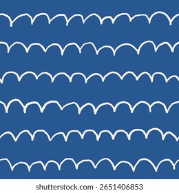 Nautical seamless pattern with hand-drawn wavy doodles. Marine blue background with sketched waves. Cute vector vintage sea theme wallpaper design. Whimsical ocean pattern