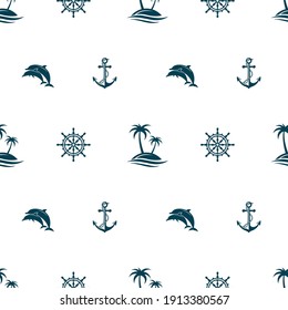 nautical seamless pattern with helm, anchor, dolphin and palms on white background