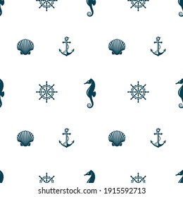 nautical seamless pattern with helm, anchor, seahors and shell on white background