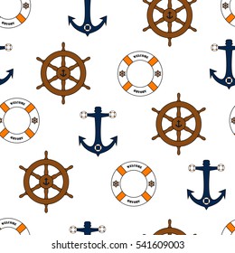 Nautical seamless pattern illustration anchor life ring ship wheel