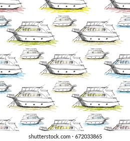 Nautical seamless pattern inspired with small yachts on waves. Texture for web, print, wallpaper, home decor, spring summer fashion fabric, textile, invitation for website background.