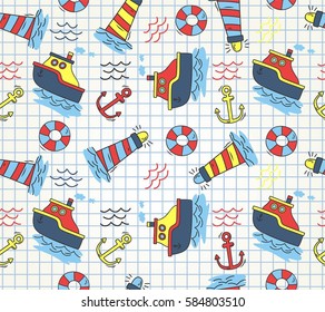 nautical seamless pattern isolated on paper