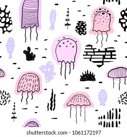 Nautical Seamless Pattern with Jellyfish in Childish Style. Sea Underwater Creatures Background with Abstract Elements for Decoration. Vector illustration