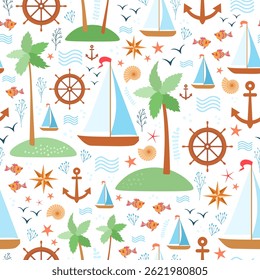 Nautical seamless pattern for kid. Yachts, palm trees, islands, steering wheels, compass, starfish, sea shells fish and seaweed on a white background in vector.