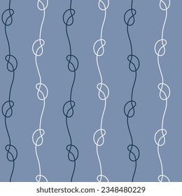Nautical seamless pattern with knots or kink of the tape or ribbon on blue background. Modern design for clothes, fabric, paper, cover, interior decoration. Vector texture. EPS 10.