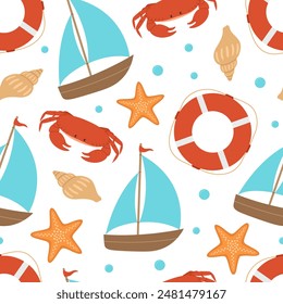 Nautical seamless pattern with lifebuoy, sailboat, crab, starfish, shell and bubbles. Marine background. Vector flat illustration isolated on white