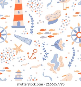 Nautical seamless pattern with lighthouse. Fish, dots and ship wheel, sea or ocean adventures doodle print. Decorative marine vector background